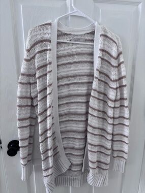 LOFT Women’s Cream Open-Front Cardigan with Brown and Gold Stripes